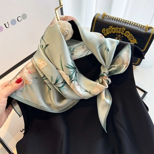 Floral print mulberry silk square scarf in mint green with elegant flower patterns