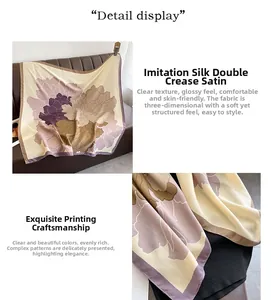 Detailed macro view of large floral print silk scarf featuring premium satin texture
