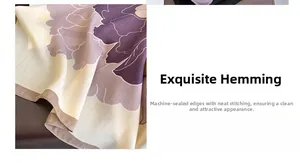 Detail of machine-rolled edges on a purple floral print large silk scarf for women