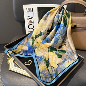 Vintage Floral Print 100% Mulberry Satin Square Scarf Digital Printing Oil Painting Style Neck Wrap For Women Elegant