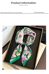 Detailed view of the elegant pink and green floral print on a 100% mulberry silk square scarf