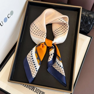 Elegant 65cm silk square scarf with orange and navy geometric grid pattern for women