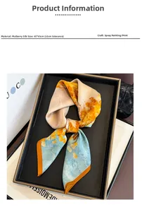 Close-up of a 65cm silk square scarf with orange and blue abstract prints tied in a bow