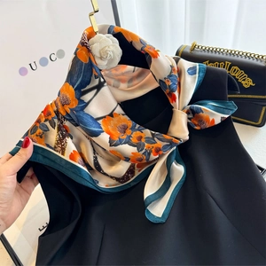 Fashionable 65cm floral silk square scarf with orange blooms and deep blue leaves