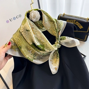 Elegant vintage silk square scarf featuring green bird and floral prints for women