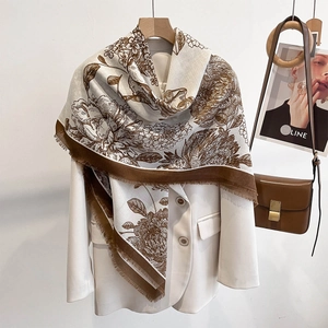 Floral cotton linen feel oversized shawl with brown border and decorative tassels