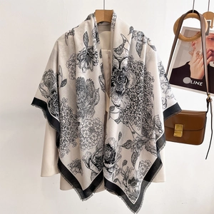 Elegant floral print cotton linen square scarf with tassels and artistic black line patterns