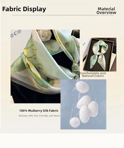 Detailed view of 100% mulberry silk scarf with elegant green lotus digital floral print