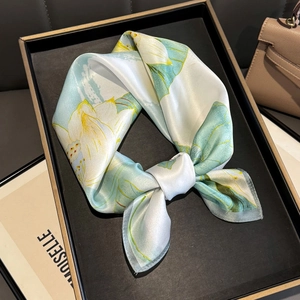 Premium 100% mulberry silk square scarf with elegant lotus print in light blue and white