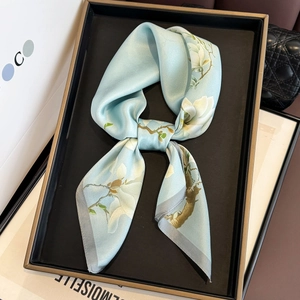 Light blue 100% silk square scarf with white magnolia floral print and satin finish