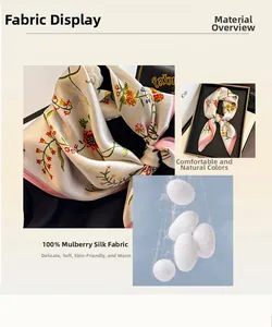 Détail d'un foulard en 100% soie de mûrier avec imprimé floral et vrais cocons