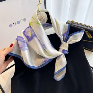 Elegant 100% mulberry silk square scarf with purple lotus print on satin white fabric