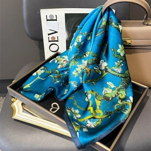 Artistic oil painting silk scarf with white flower patterns on a bright royal blue background