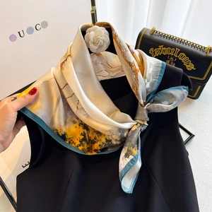 Artistic landscape silk scarf in mustard and grey with camellia brooch decoration