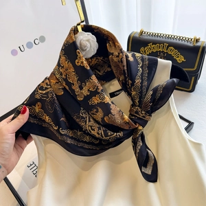 Black and gold baroque print 100% mulberry silk square scarf for elegant neck styling