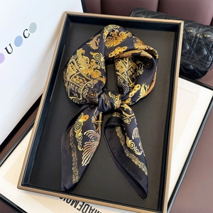 Elegant 100% mulberry silk scarf featuring golden baroque patterns and phoenix totem art