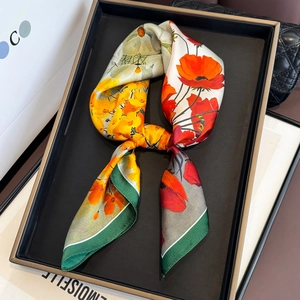 100% mulberry silk square scarf featuring vibrant orange poppy prints and green border