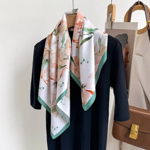Floral Butterfly Print Square Scarf Polyester Satin Vintage Elegant Neck Kerchief Hair Band Bag Wrap For Women