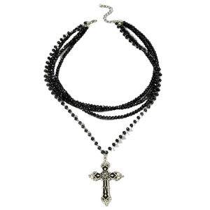 Gothic multi-layer black beaded necklace with a large silver hollow cross pendant
