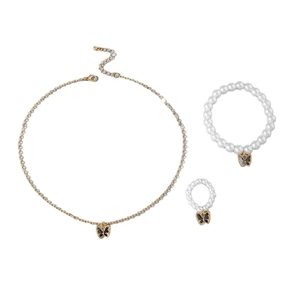 Parure bijoux perles avec pendentifs papillons noirs bordés d'or sur collier et bague