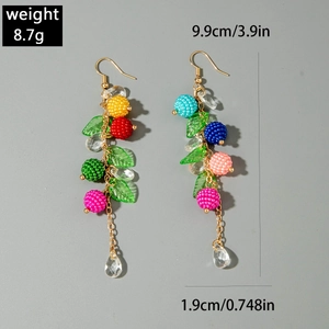 Close-up of colorful long tassel beaded earrings with detailed size and weight measurements