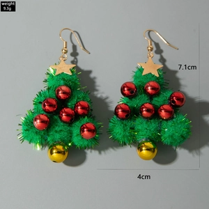 Detailed view of green pompom Christmas tree earrings with red gold beads and star top