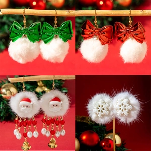 Festive Christmas Bowknot Pom Pom Earrings For Women Santa Claus Snowflake Christmas Tree Drop Earrings Holiday Party Jewelry