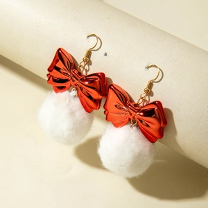 Christmas bow knot earrings with white plush pom-poms and red metallic finish for women