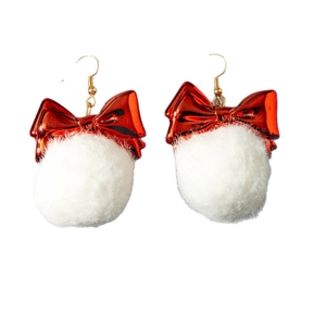 Festive red metallic bow and soft white pom-pom earrings for Christmas party wear