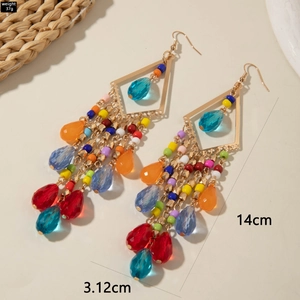 Bohemian colorful glass bead fringe earrings with large teardrop crystals for women