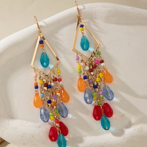 Bohemian colorful glass bead fringe earrings with gold geometric diamond and drop charms