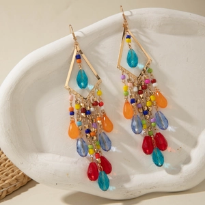 Bohemian multicolored glass bead tassel earrings with golden diamond metal frame