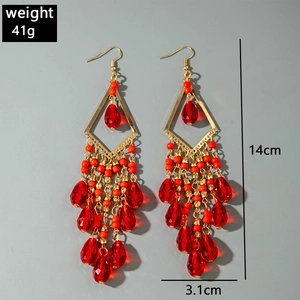 Detail of red bohemian glass bead fringe earrings showing length and weight measurements