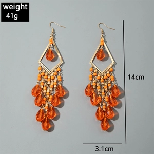 Detail view of Bohemian long beaded tassel earrings with size and weight dimensions