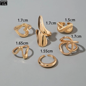 Lot de 6 bagues dorées géométriques avec cœurs et vagues et détails des dimensions