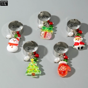 Set of 5 Christmas resin charm rings featuring Santa and snowman with 2cm diameter