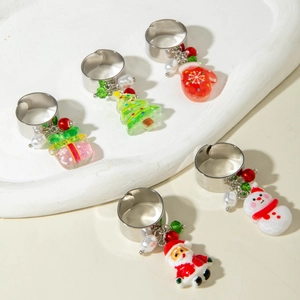 Detailed set of 5 Christmas napkin rings with Santa Claus, Snowman and pearl pendants