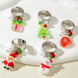 Five-piece Christmas resin pendant pearl rings set with Santa and tree motifs