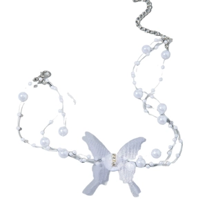 Elegant white butterfly and pearl choker necklace with multi-layer design and crystals