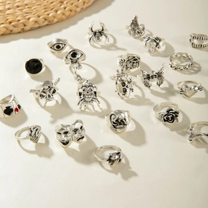 Ensemble de bagues gothiques punk avec motifs crâne araignée et chauve-souris argent