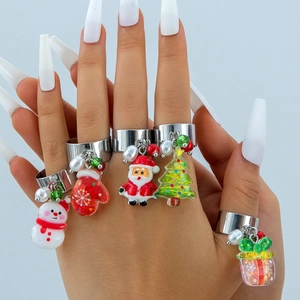 Christmas Pendant Rings Adjustable Copper Alloy Resin Faux Artificial Pearl Santa Snowman Tree Holiday Party Jewelry Women