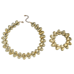 Fashionable gold-plated chunky heart-shaped link necklace and bracelet jewelry set