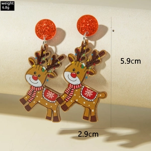 Détail des boucles d'oreilles renne en acrylique avec écharpe rouge et dimensions