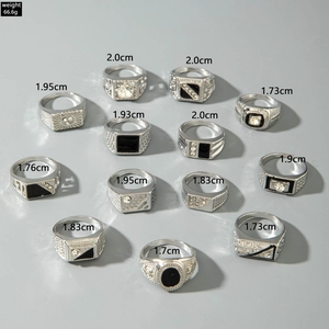 Detailed view of silver men's vintage ring set with black enamel and geometric patterns