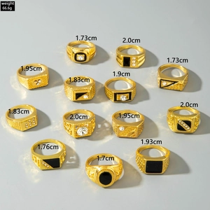 Detailed size guide for a 13-piece gold-plated men's ring set with crystals and black enamel