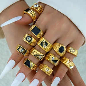 Men Vintage Alloy Rings Gold Silver Plated Black Enamel Rhinestone Punk Bohemian Geometric Rings Jewelry Gift