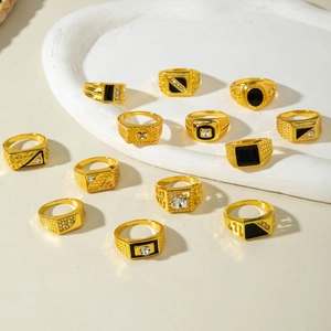 Set of 12 gold plated men's signet rings with black enamel and sparkling zircons