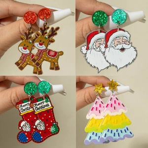 Boucles D'oreilles Noël Acrylique Avec Tige Métallique Paillettes Père Noël Bonhomme De Neige Renne Pain D'épice Bijoux