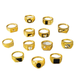 13-piece vintage gold ring set for men with black stones and rhinestones on white background