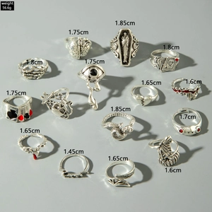 14-piece Gothic skull and punk ring set in vintage silver finish weighing 56.6g